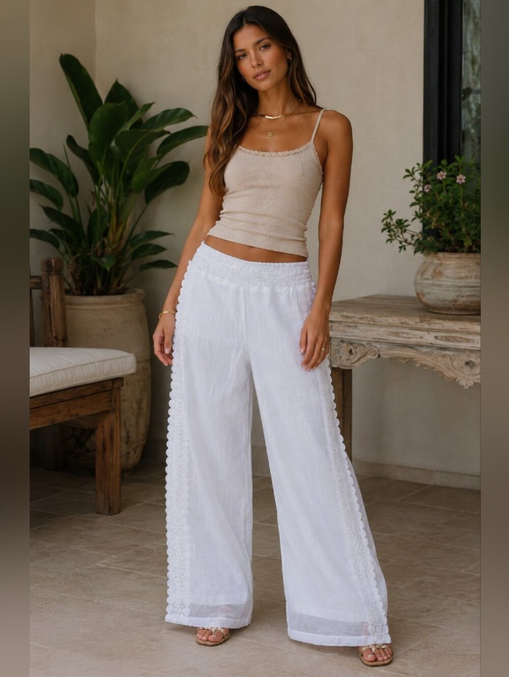 krazy kat White Wide-Leg Pants with Side Crochet Trim